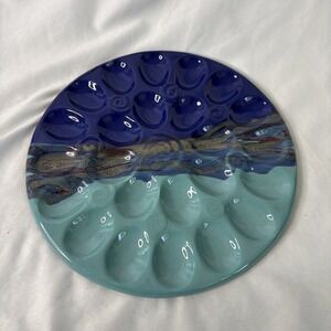 Clay In Motion Deviled Egg Dish Neher Studio Pottery Signed Mystic Water 12" NEW